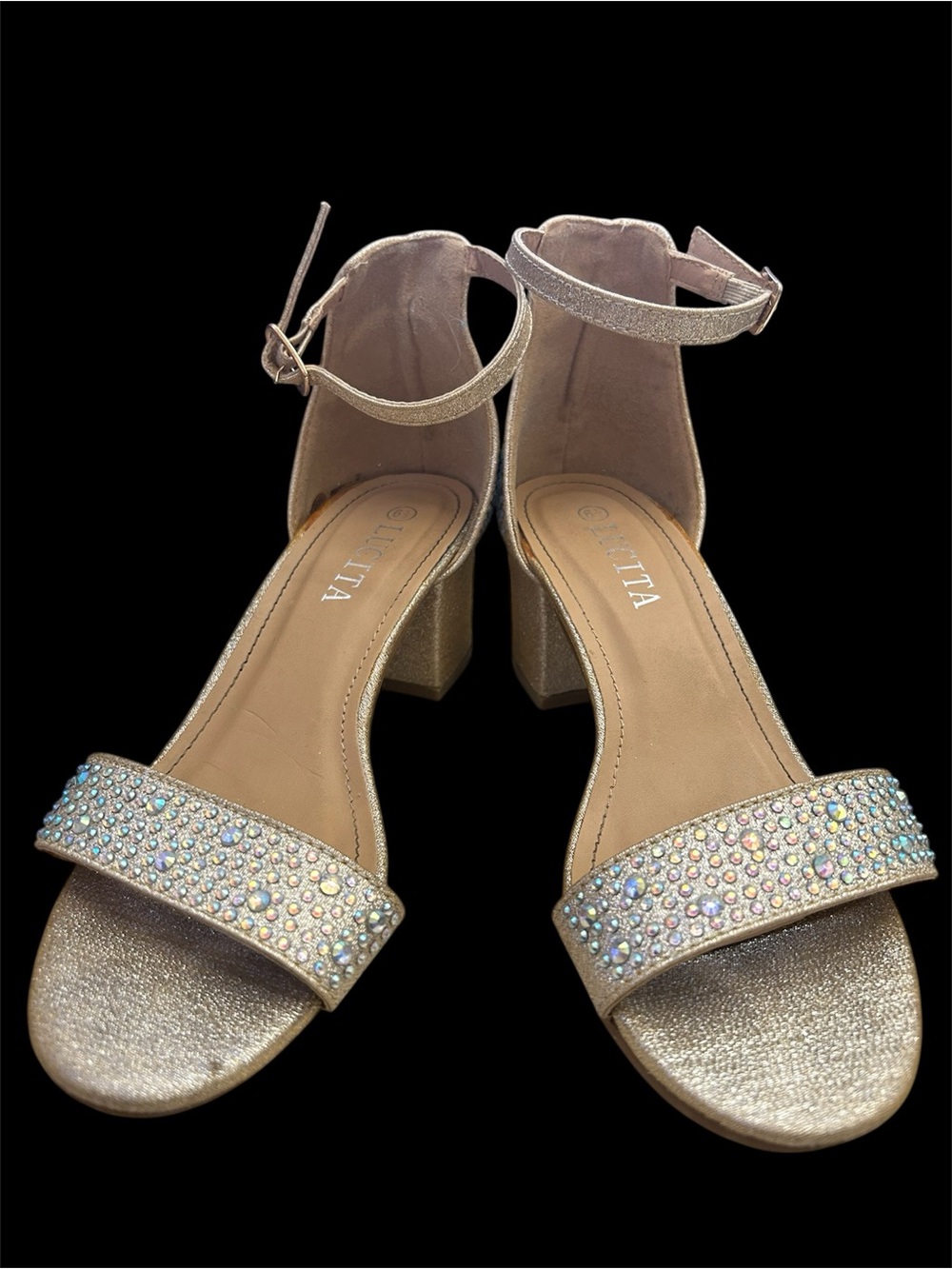 Guilita Women's Glitter Block Heel Sandals with Rhinestone Strap — Champagne